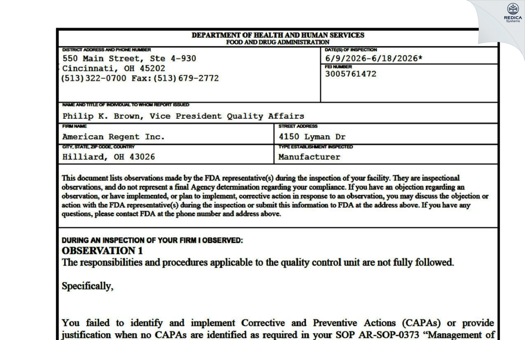 FDA 483 - American Regent, Inc. [Hilliard / United States of America] - Download PDF - Redica Systems