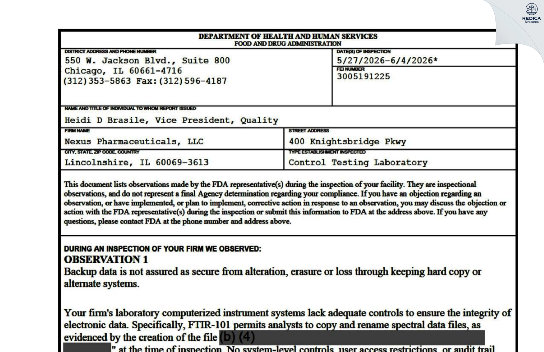 FDA 483 - Nexus Pharmaceuticals, LLC [Lincolnshire / United States of America] - Download PDF - Redica Systems