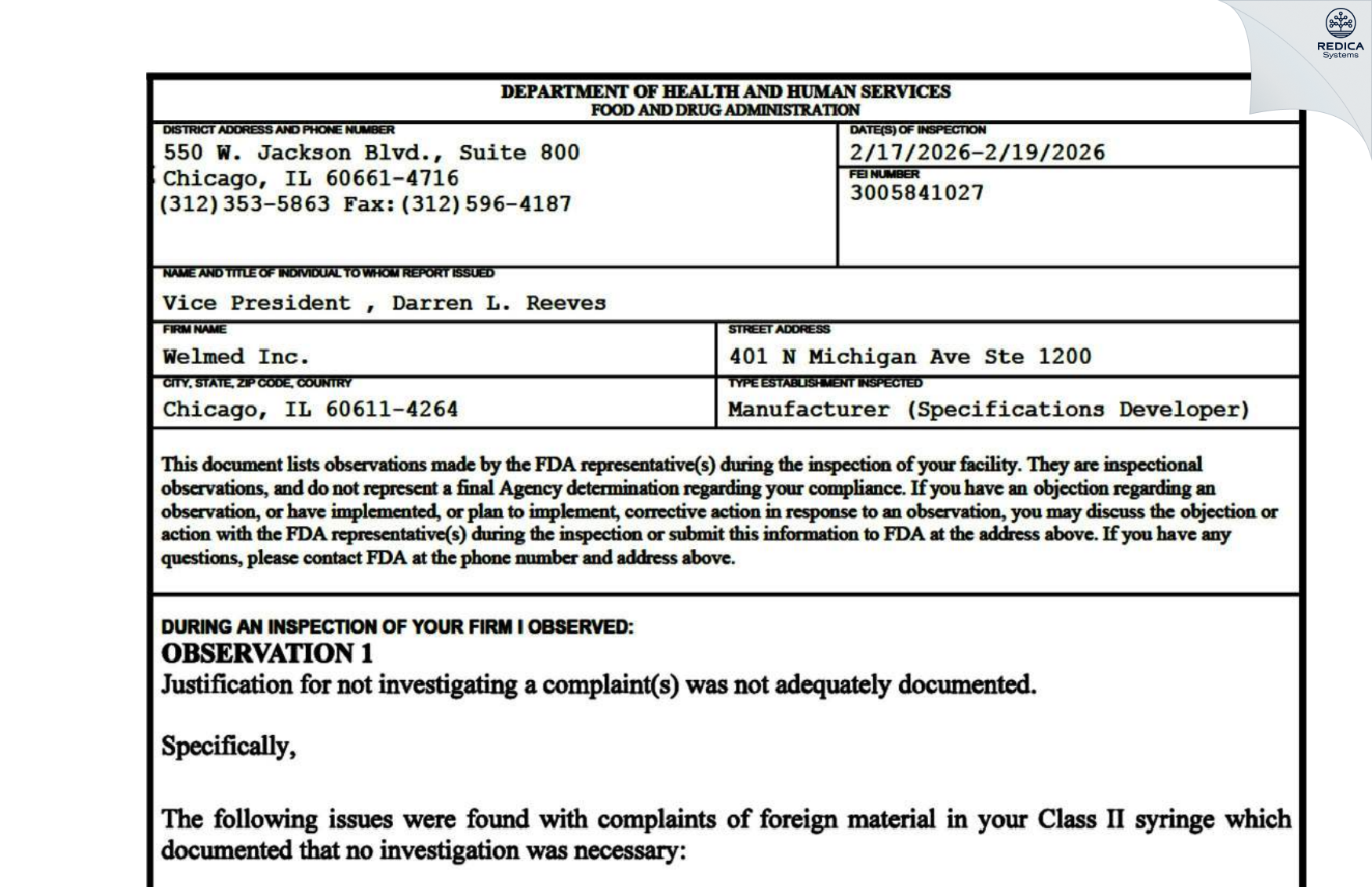 FDA 483 - Welmed Inc. [Chicago / United States of America] - Download PDF - Redica Systems