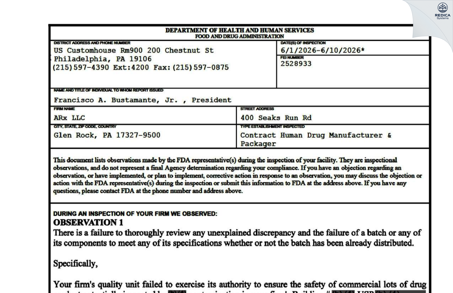 FDA 483 - ARx, LLC [Glen Rock / United States of America] - Download PDF - Redica Systems