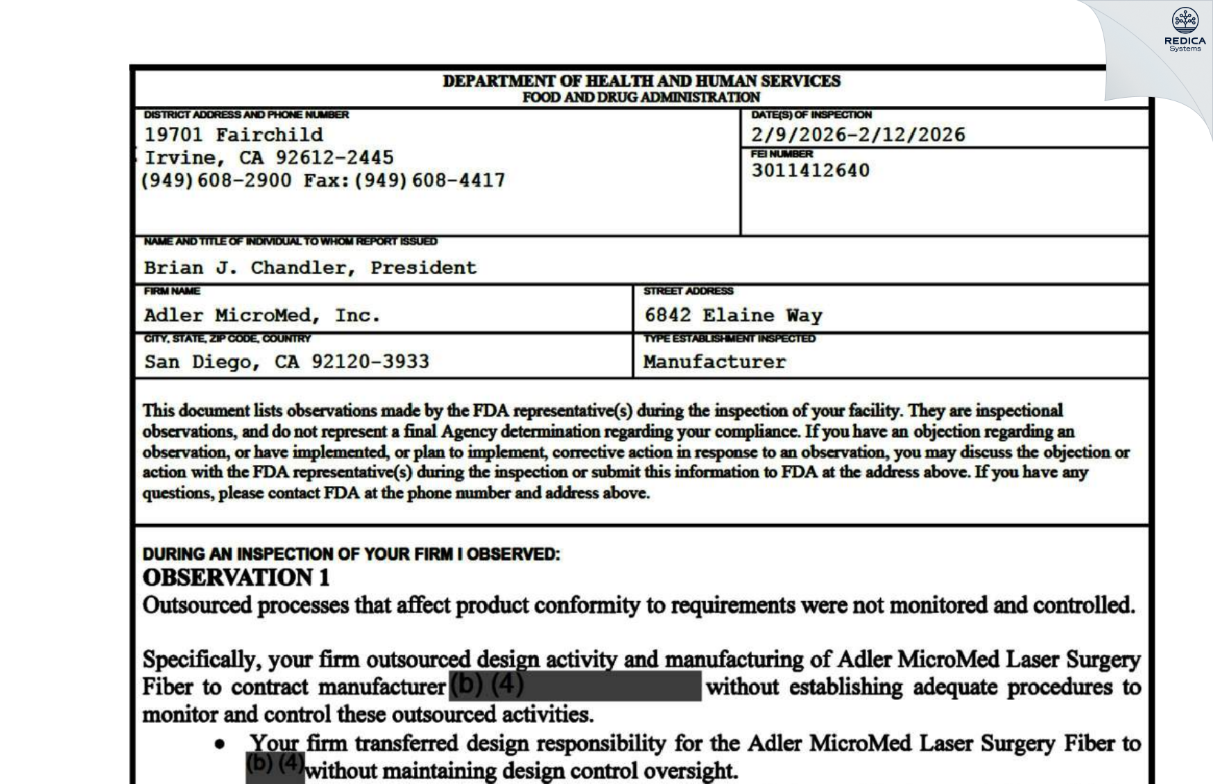 FDA 483 - Adler MicroMed, Inc. [San Diego / United States of America] - Download PDF - Redica Systems