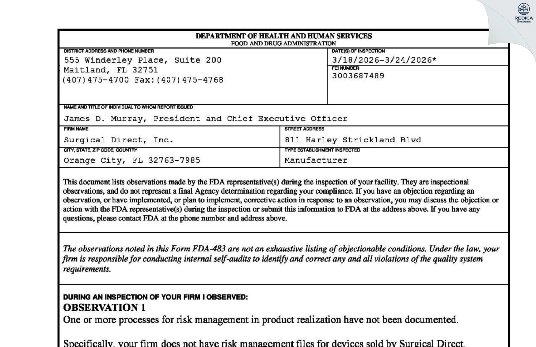 FDA 483 - Surgical Direct, Inc. [Deland / United States of America] - Download PDF - Redica Systems