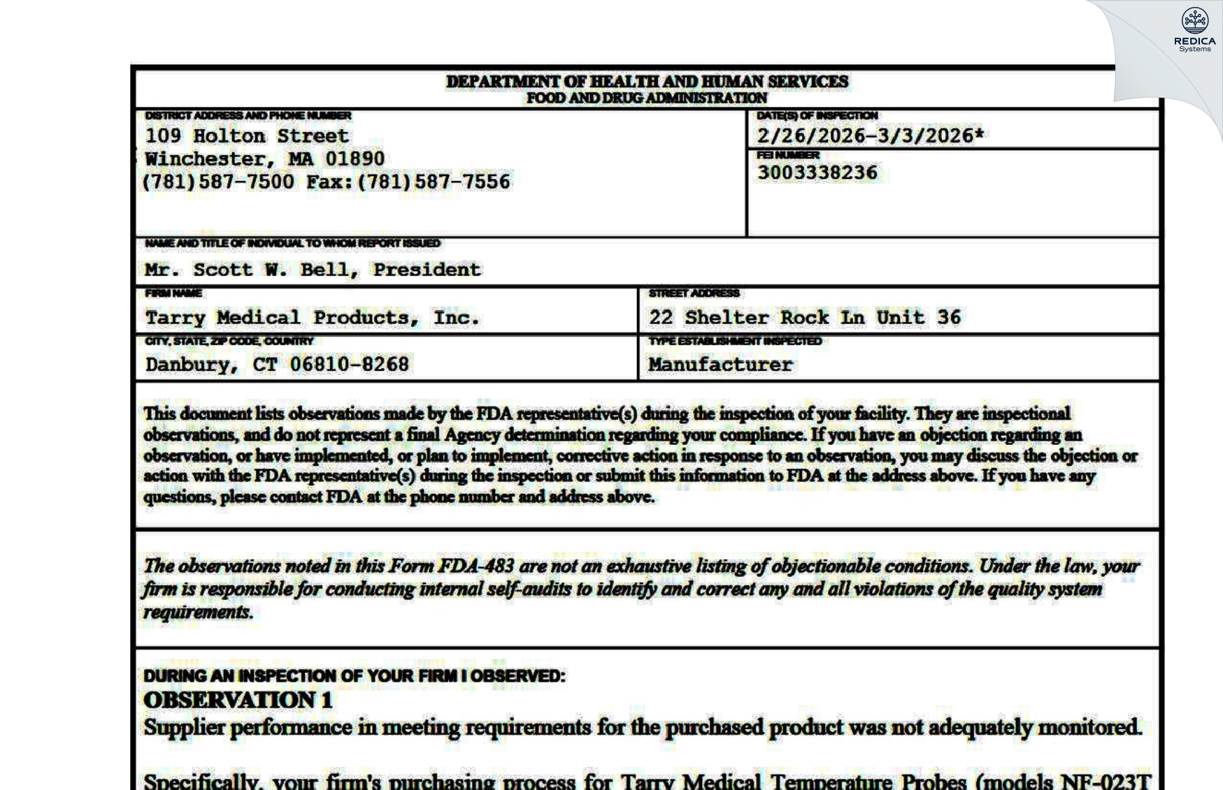 FDA 483 - Tarry Medical Products, Inc. [Danbury / United States of America] - Download PDF - Redica Systems