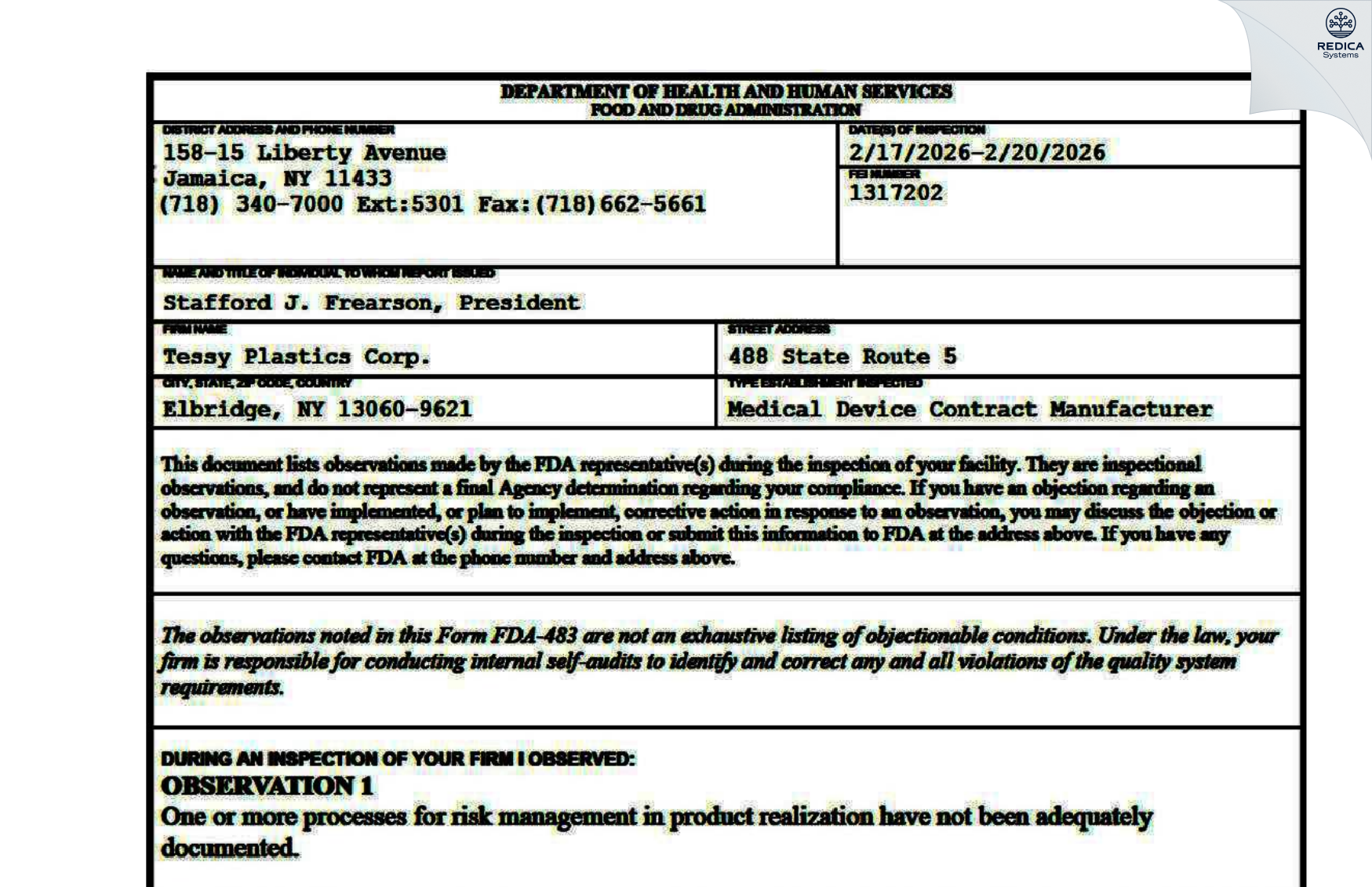 FDA 483 - Tessy Plastics Corporation [Elbridge / United States of America] - Download PDF - Redica Systems