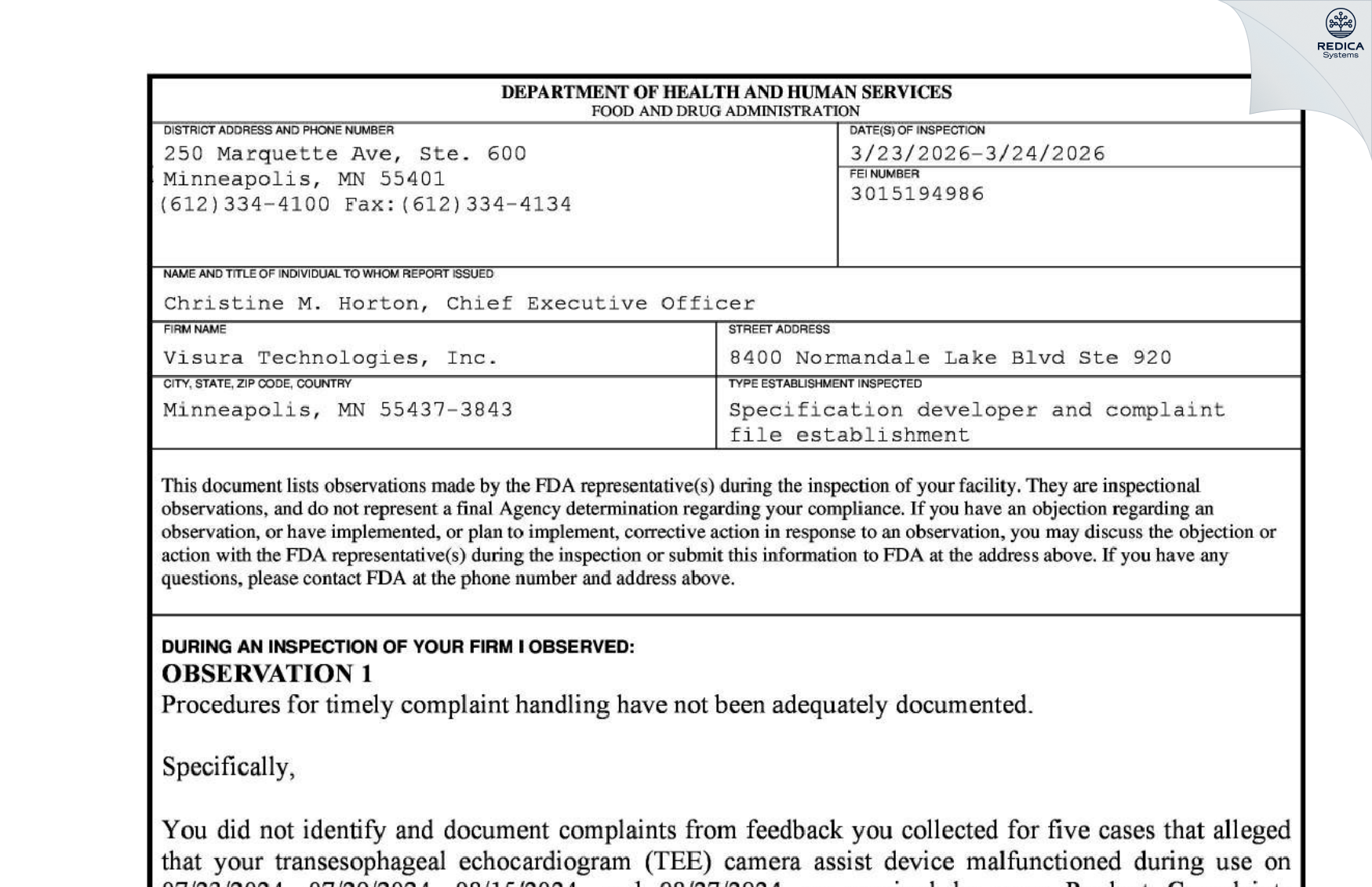 FDA 483 - Visura Technologies, Inc. [Minneapolis / United States of America] - Download PDF - Redica Systems