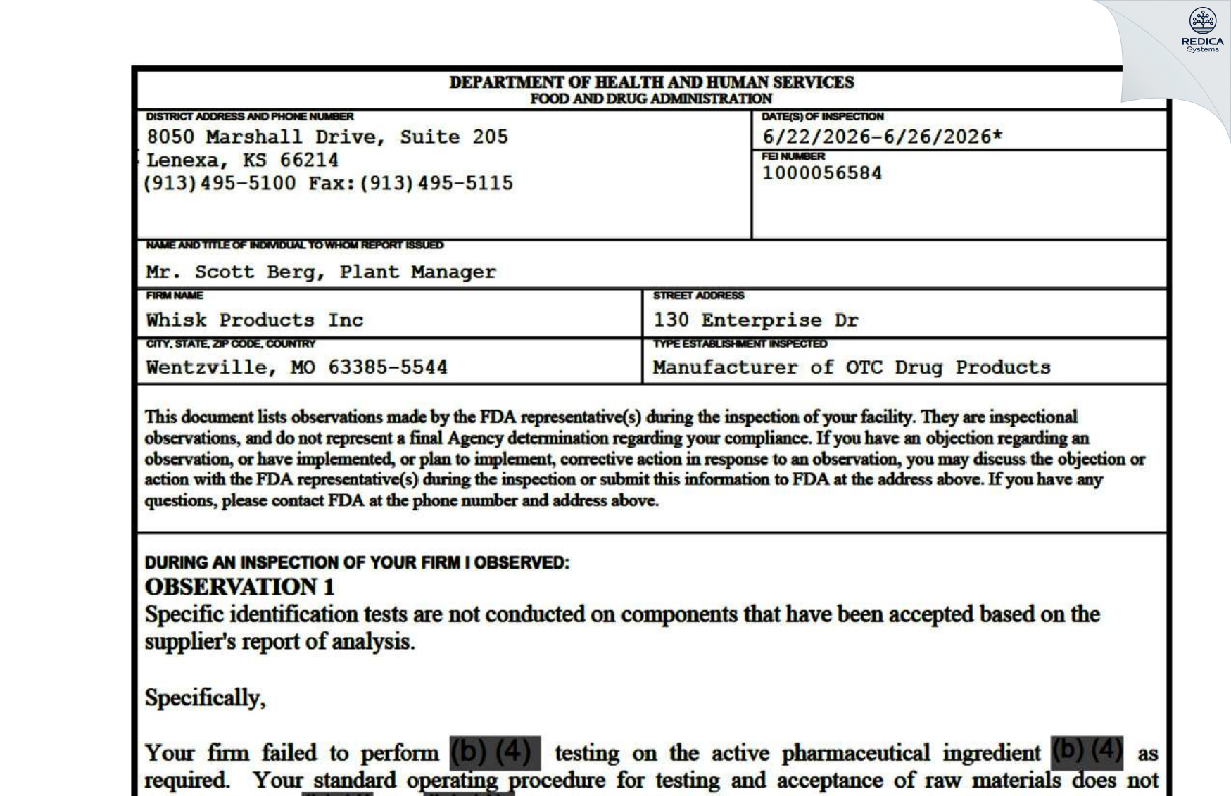 FDA 483 - Whisk Products, Inc. [Wentzville / United States of America] - Download PDF - Redica Systems