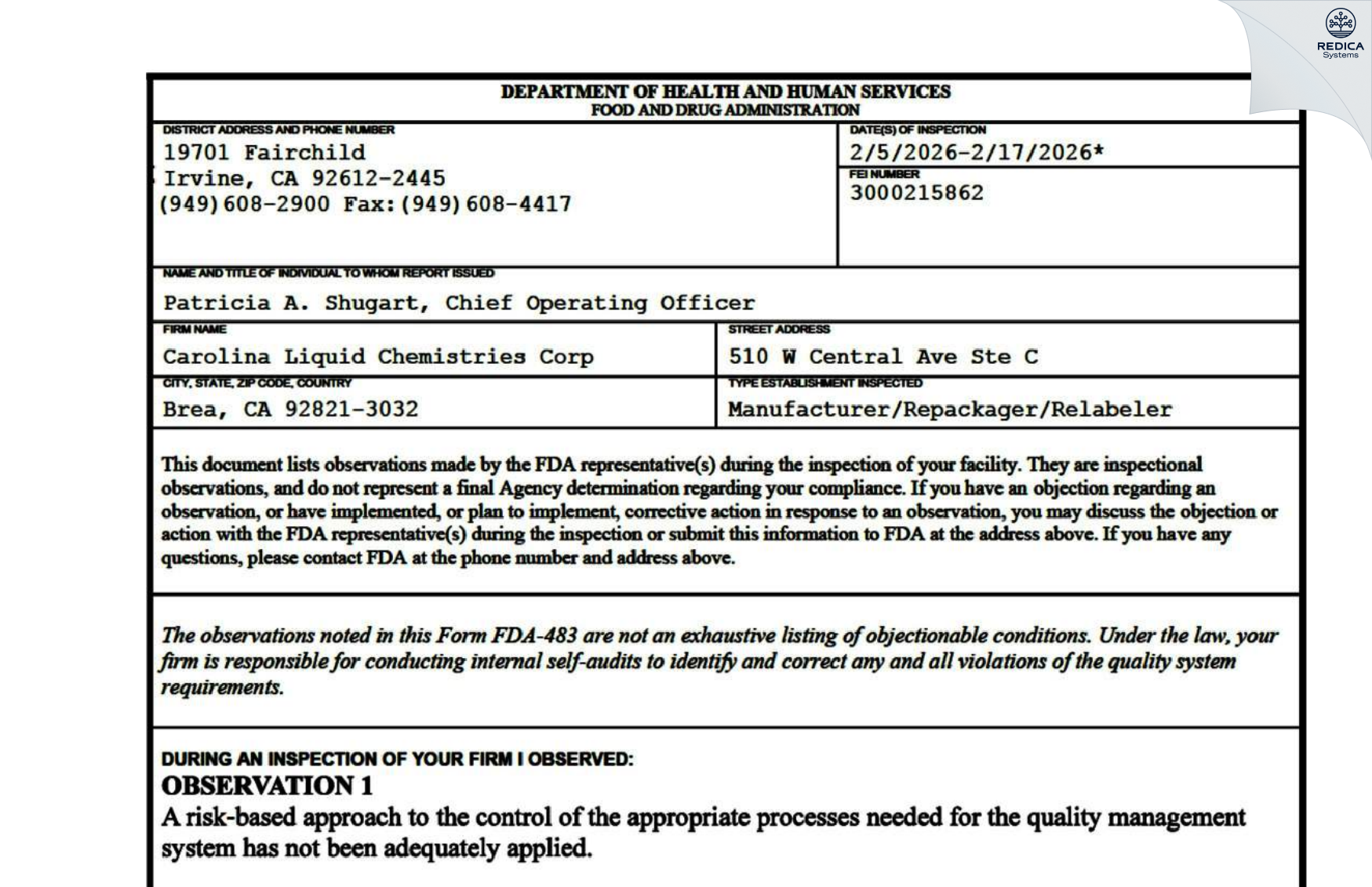 FDA 483 - Carolina Liquid Chemistries Corp [Brea / United States of America] - Download PDF - Redica Systems