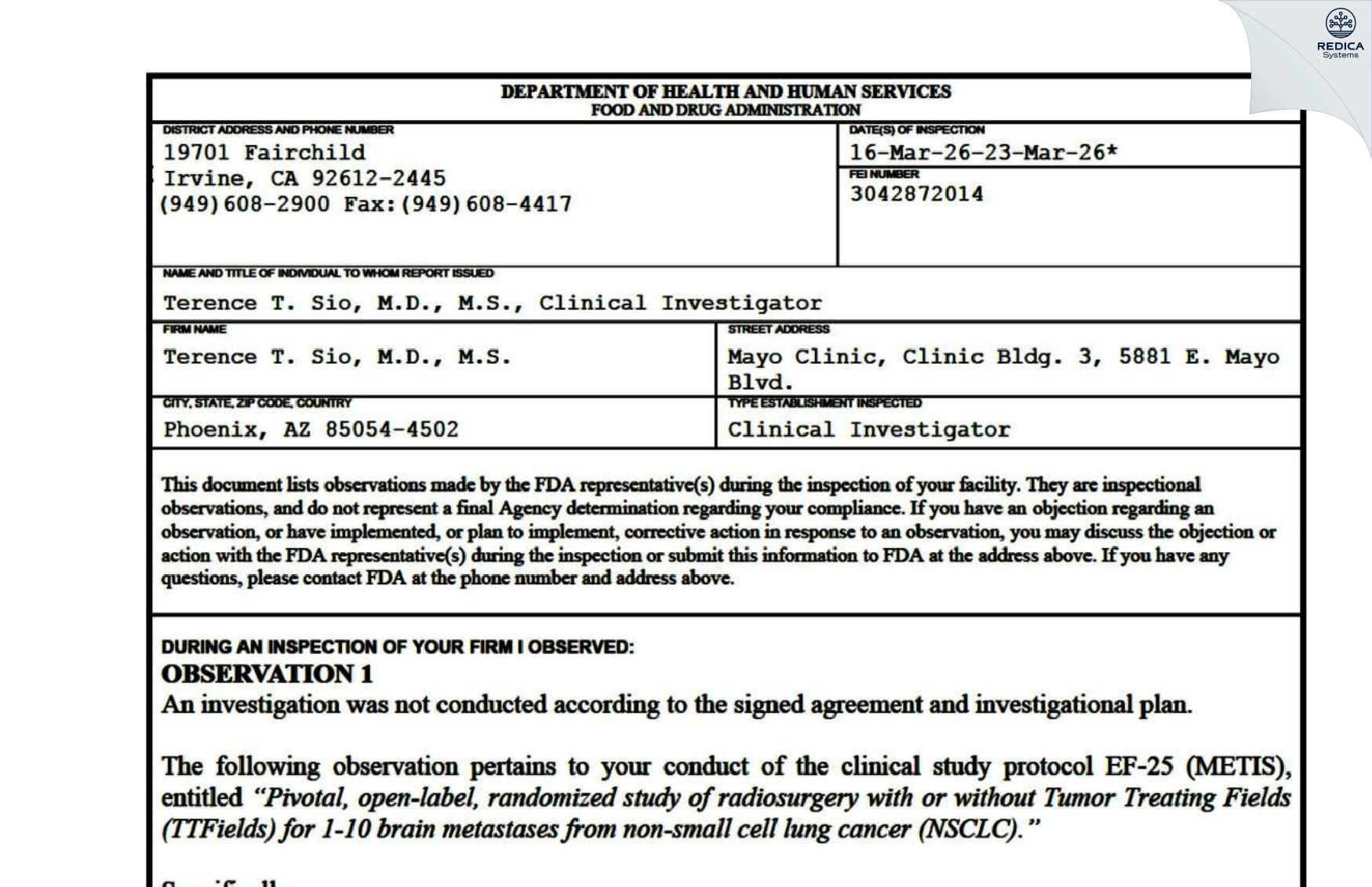 FDA 483 - Terence T. Sio, M.D., M.S. [Phoenix / United States of America] - Download PDF - Redica Systems