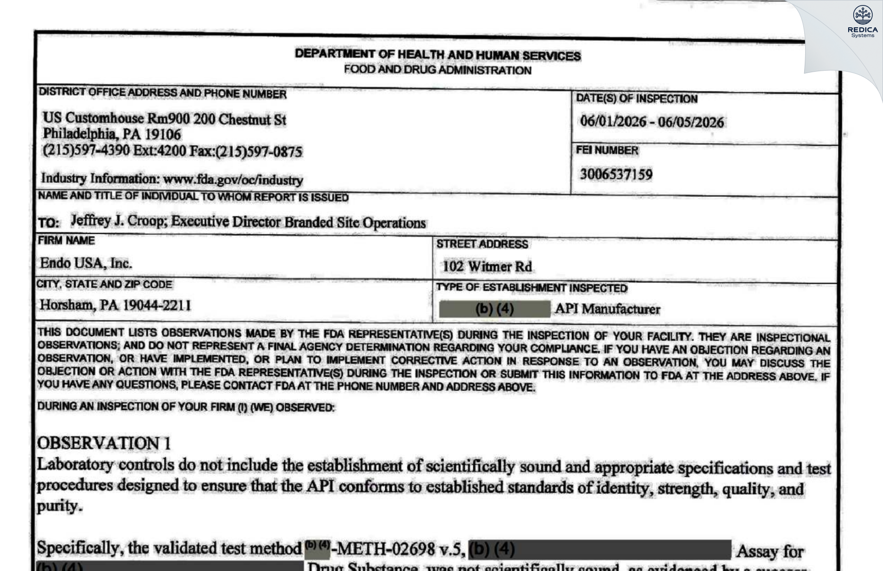 FDA 483 - Auxilium Pharmaceuticals, LLC [Horsham / United States of America] - Download PDF - Redica Systems