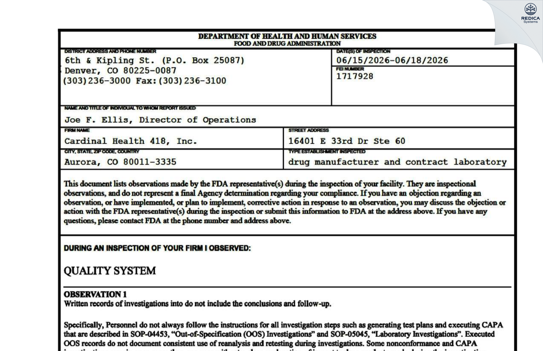 FDA 483 - Cardinal Health 418, Inc. [Aurora / United States of America] - Download PDF - Redica Systems