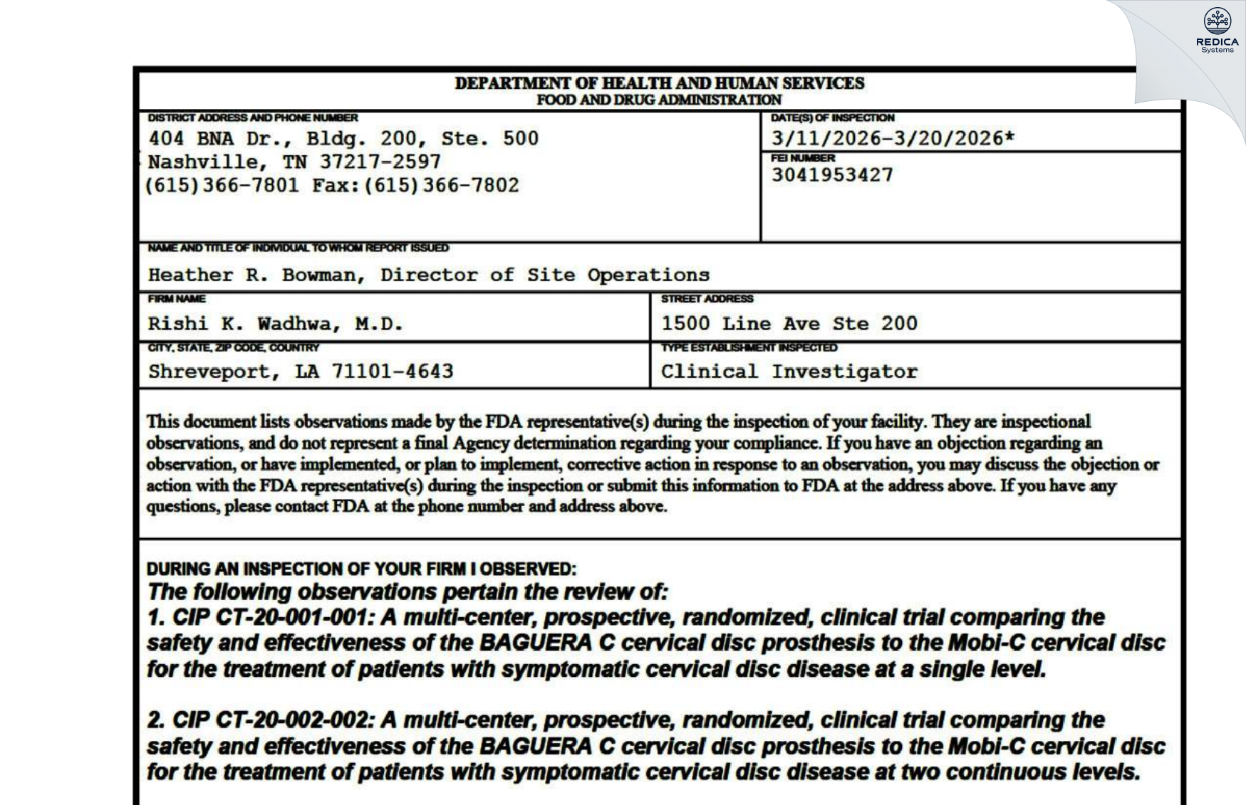 FDA 483 - Rishi K. Wadhwa, M.D. [Shreveport / United States of America] - Download PDF - Redica Systems