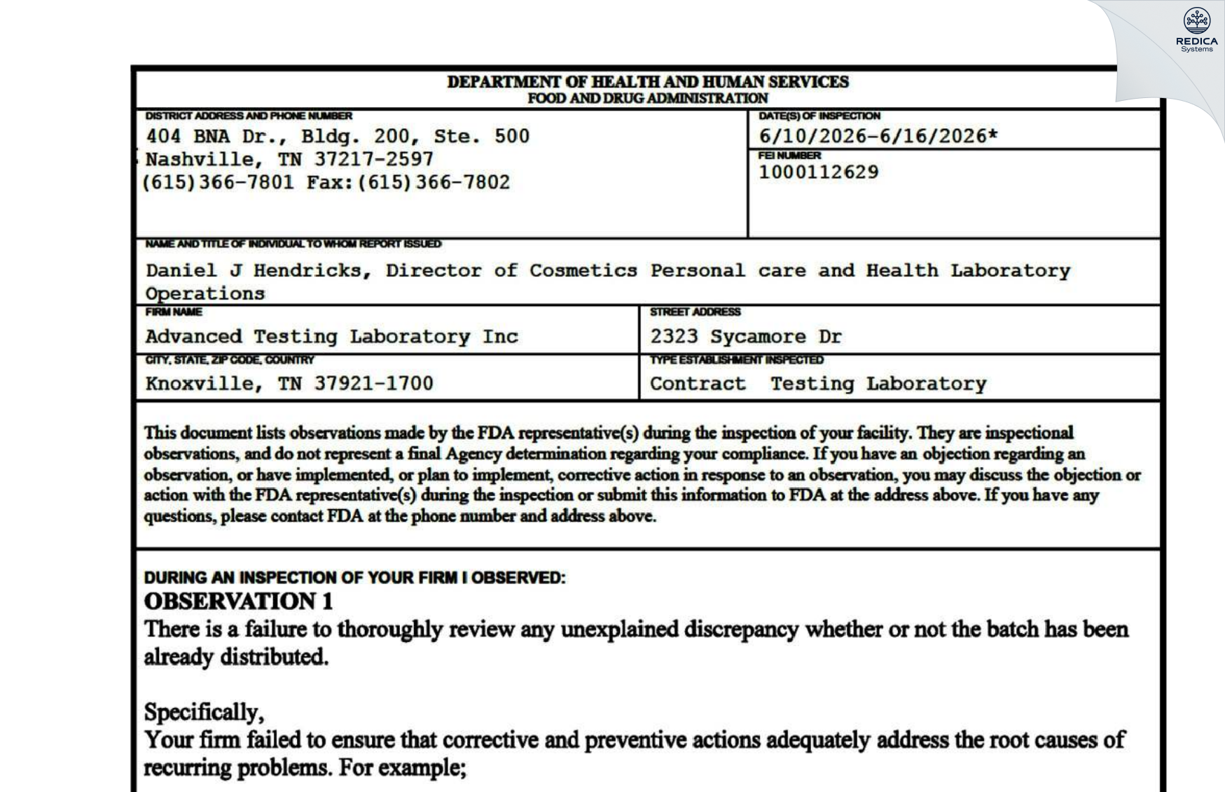 FDA 483 - Galbraith Laboratories, Inc. [Knoxville / United States of America] - Download PDF - Redica Systems