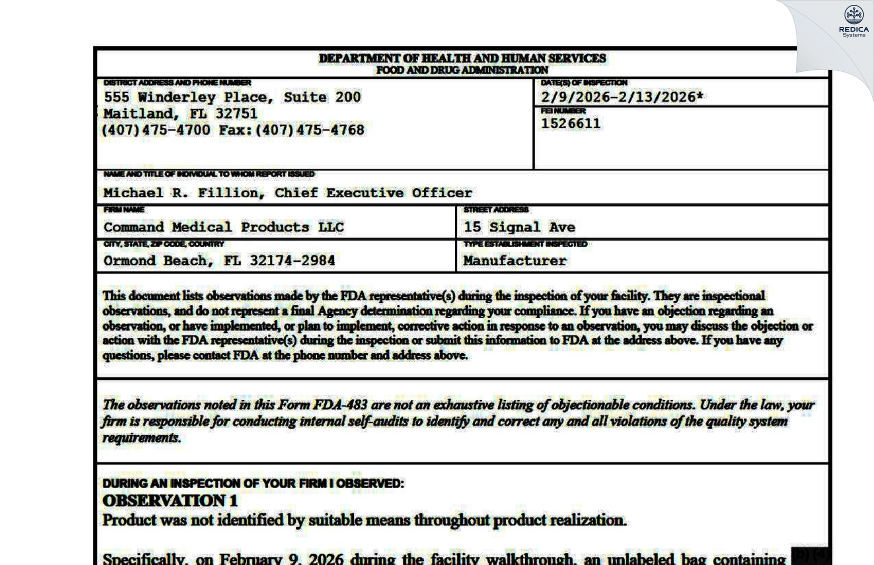 FDA 483 - Command Medical Products, Inc. [Ormond Beach / United States of America] - Download PDF - Redica Systems