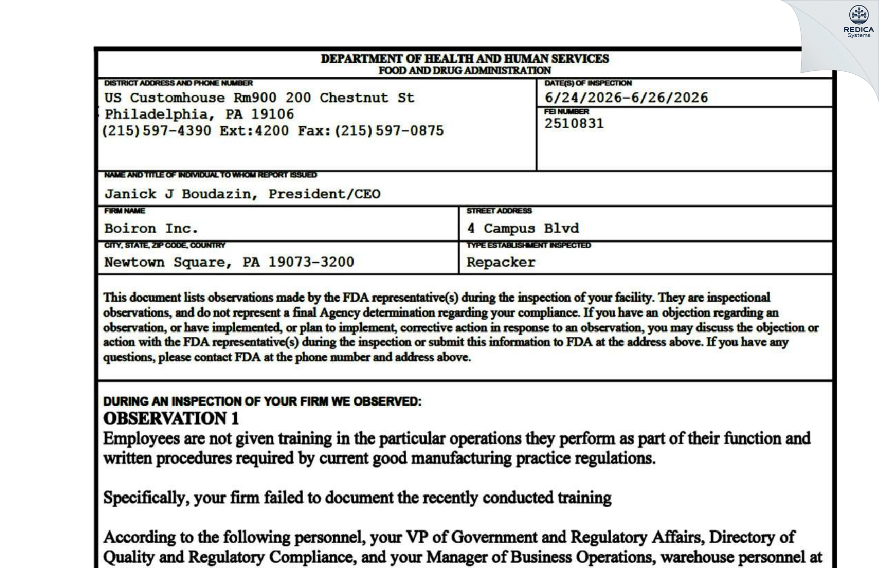 FDA 483 - Boiron Inc. [Newtown Square / United States of America] - Download PDF - Redica Systems