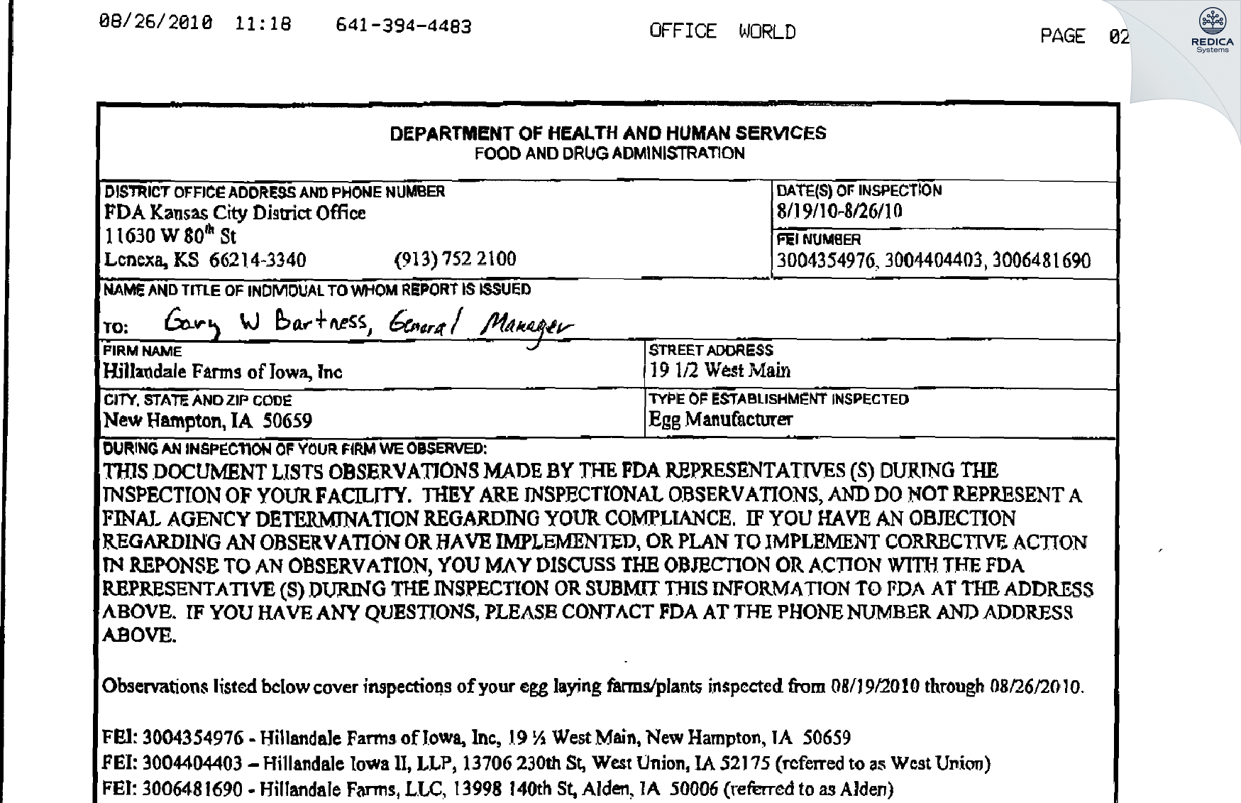 FDA 483 - Centrum Valley Farms LLP [Alden / United States of America] - Download PDF - Redica Systems