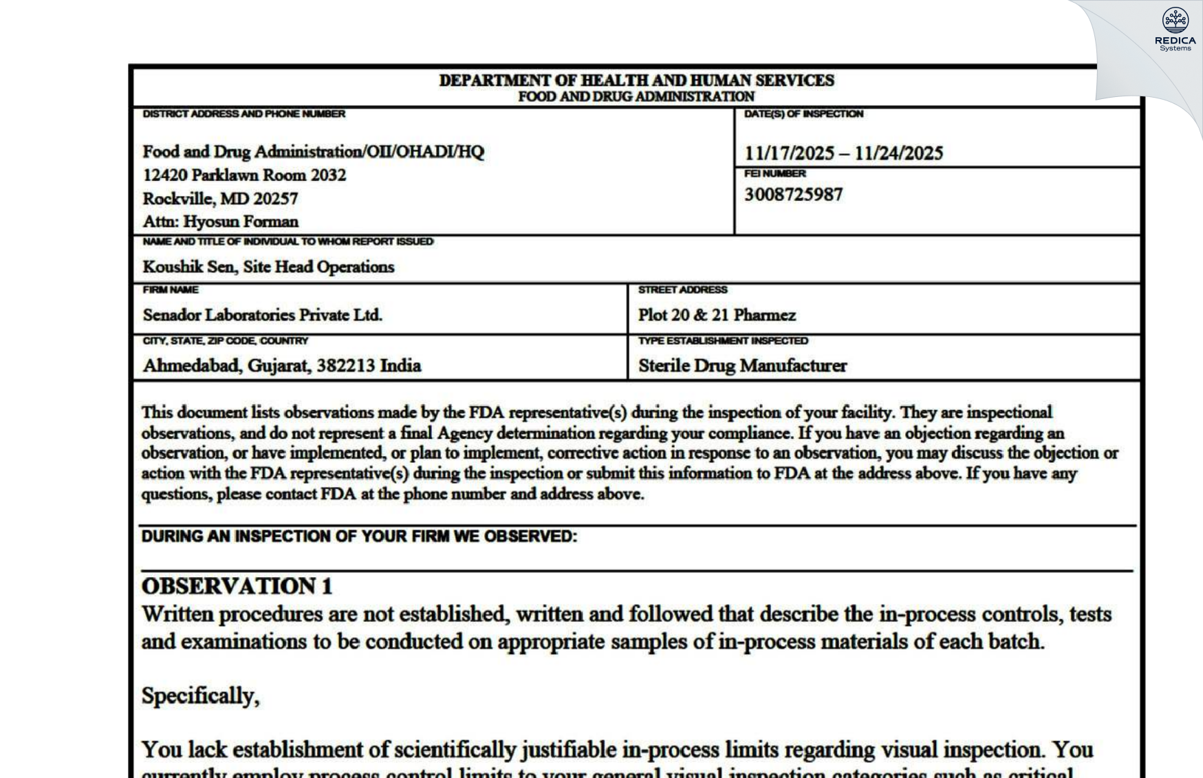 FDA 483 - Mylan Laboratories Limited [Sanand / India] - Download PDF - Redica Systems