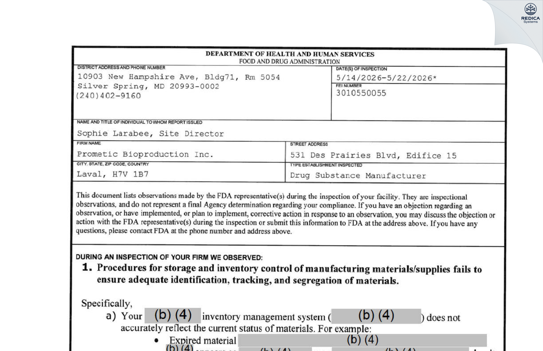 FDA 483 - Prometic Bioproduction Inc. [Laval / Canada] - Download PDF - Redica Systems