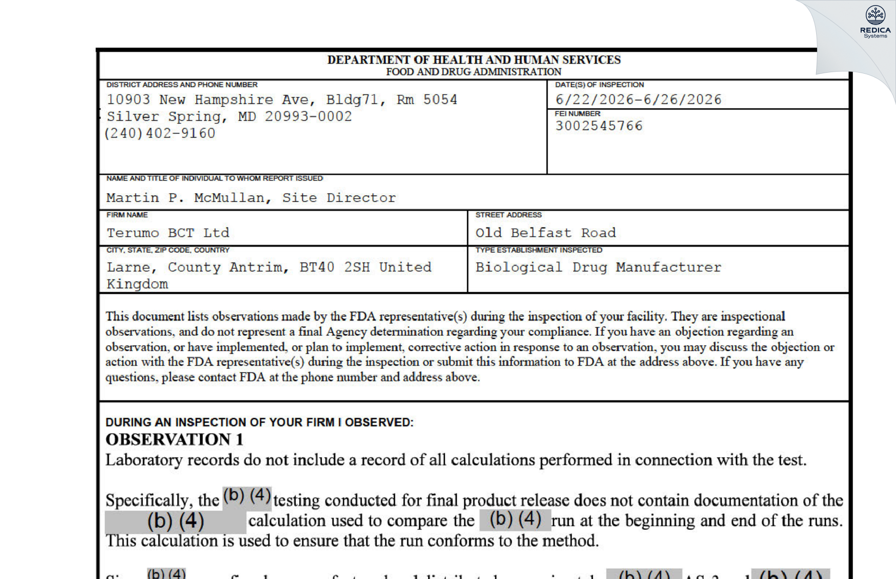 FDA 483 - Terumo BCT Ltd [Larne / United Kingdom of Great Britain and Northern Ireland] - Download PDF - Redica Systems