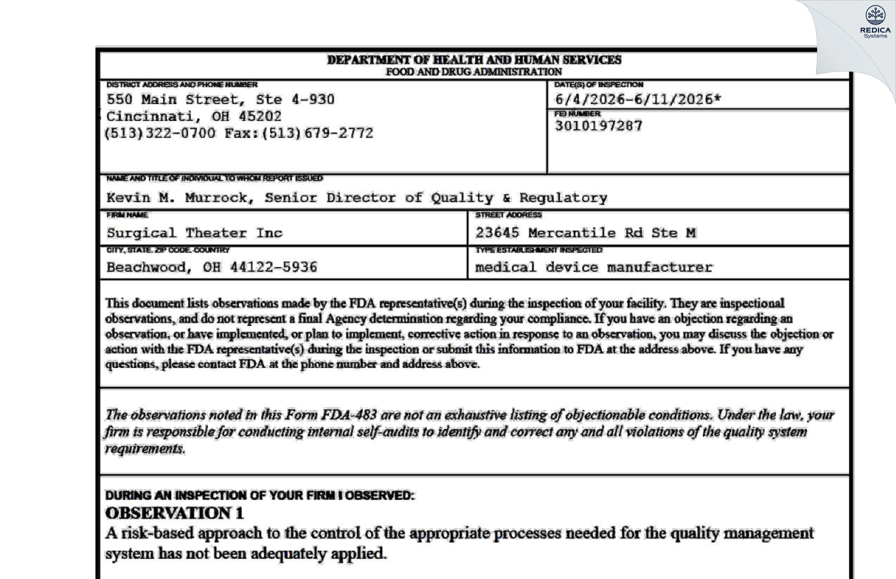 FDA 483 - Surgical Theater Inc [Beachwood / United States of America] - Download PDF - Redica Systems