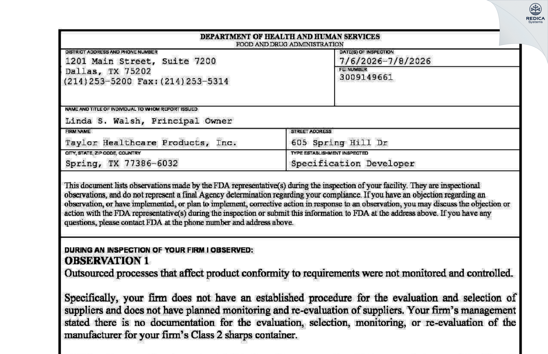 FDA 483 - TAYLOR HEALTHCARE PRODUCTS, INC [Spring / United States of America] - Download PDF - Redica Systems