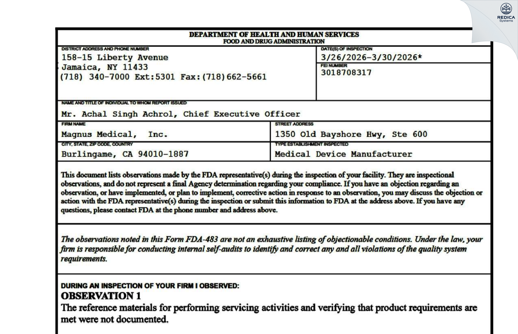 FDA 483 - MAGNUS MEDICAL INC. [Burlingame / United States of America] - Download PDF - Redica Systems