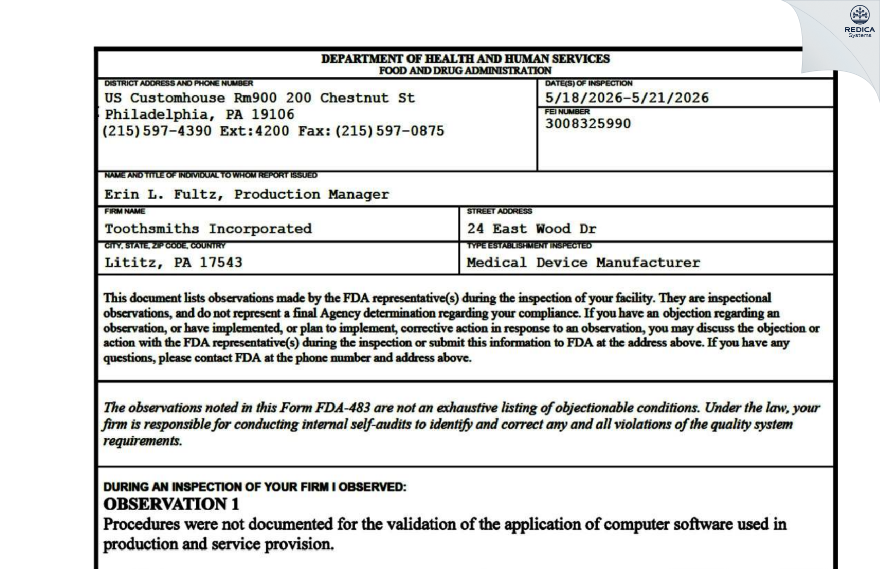 FDA 483 - Toothsmiths Incorporated [Lititz / United States of America] - Download PDF - Redica Systems