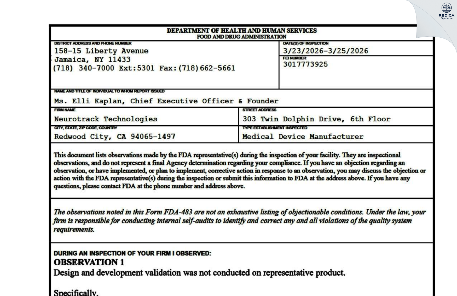 FDA 483 - NEUROTRACK TECHNOLOGIES [Redwood City / United States of America] - Download PDF - Redica Systems