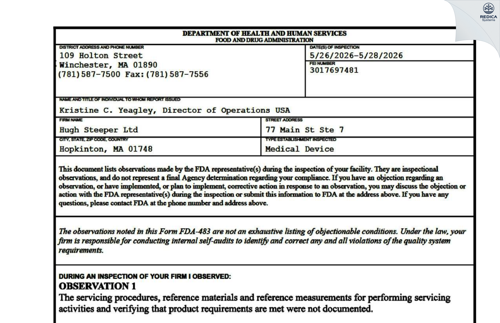 FDA 483 - Hugh Steeper Ltd DBA SteeperUSA [Holliston / United States of America] - Download PDF - Redica Systems