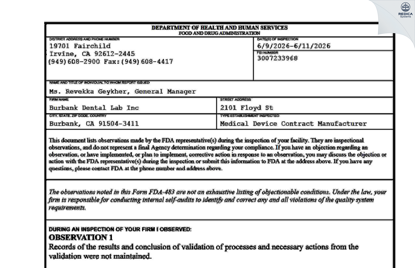 FDA 483 - Burbank Dental Lab Inc [Burbank / United States of America] - Download PDF - Redica Systems