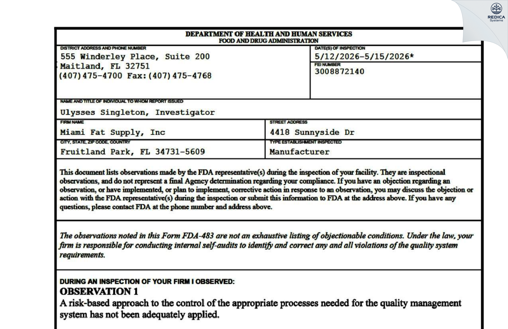 FDA 483 - Miami Fat Supply, Inc [Groveland / United States of America] - Download PDF - Redica Systems
