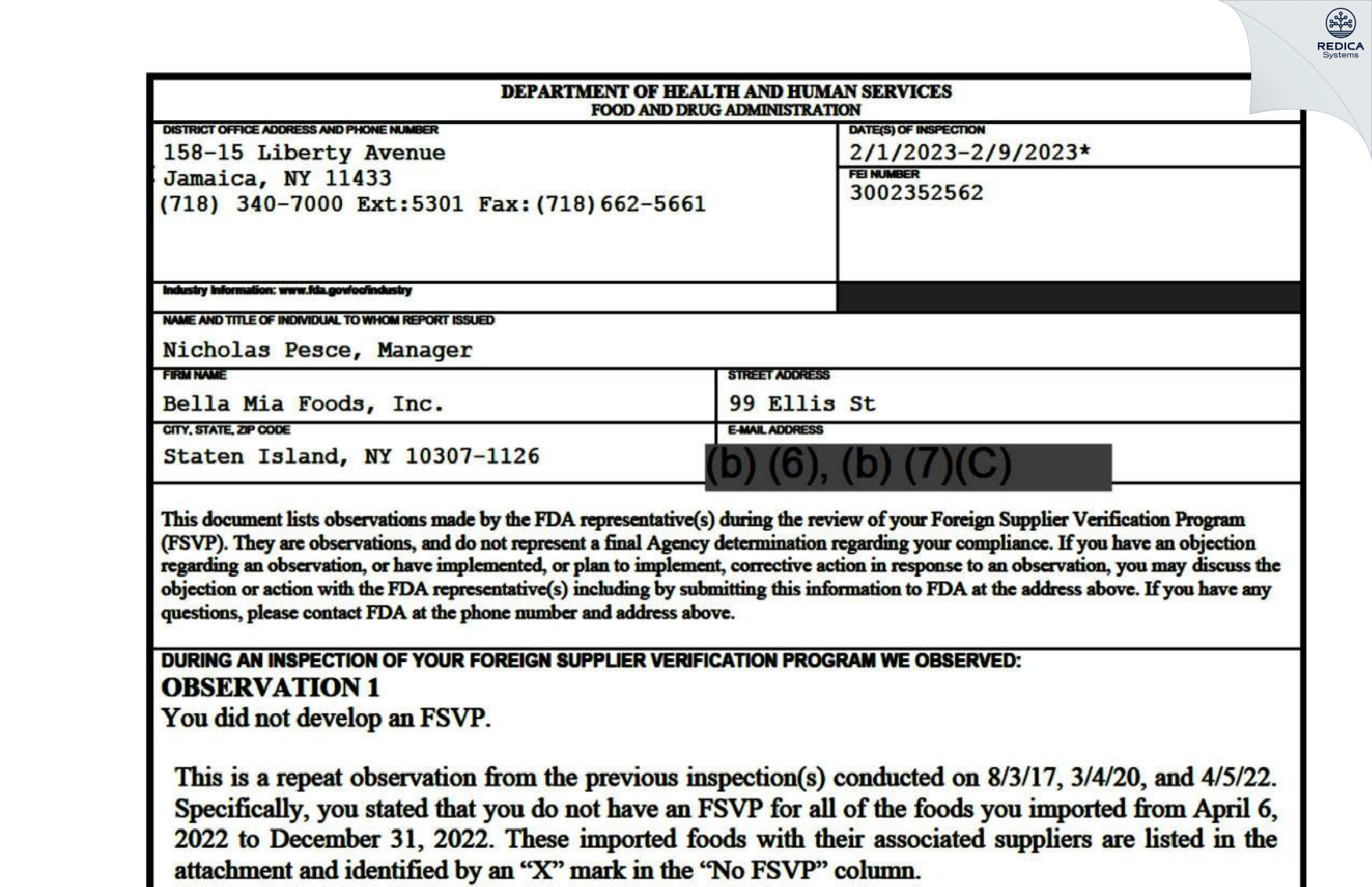 FDA 483 - Bella Mia Foods, Inc. [Staten Island / United States of America] - Download PDF - Redica Systems
