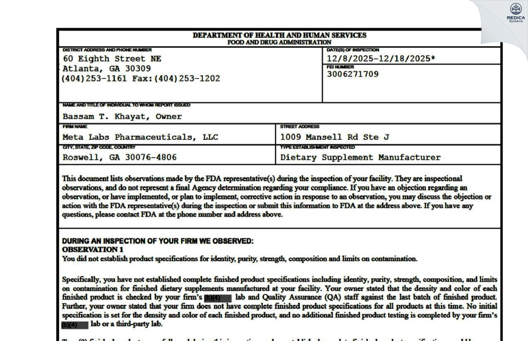 FDA 483 - Meta Labs Pharmaceuticals LLC [Roswell / United States of America] - Download PDF - Redica Systems