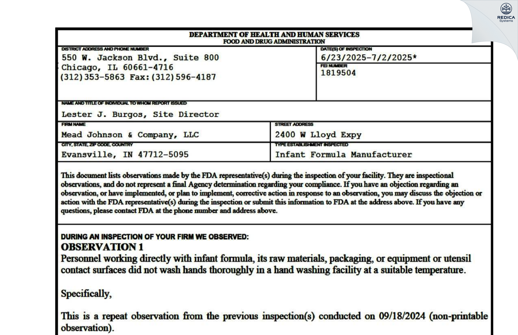 FDA 483 - Mead Johnson & Company, LLC [Evansville / United States of America] - Download PDF - Redica Systems