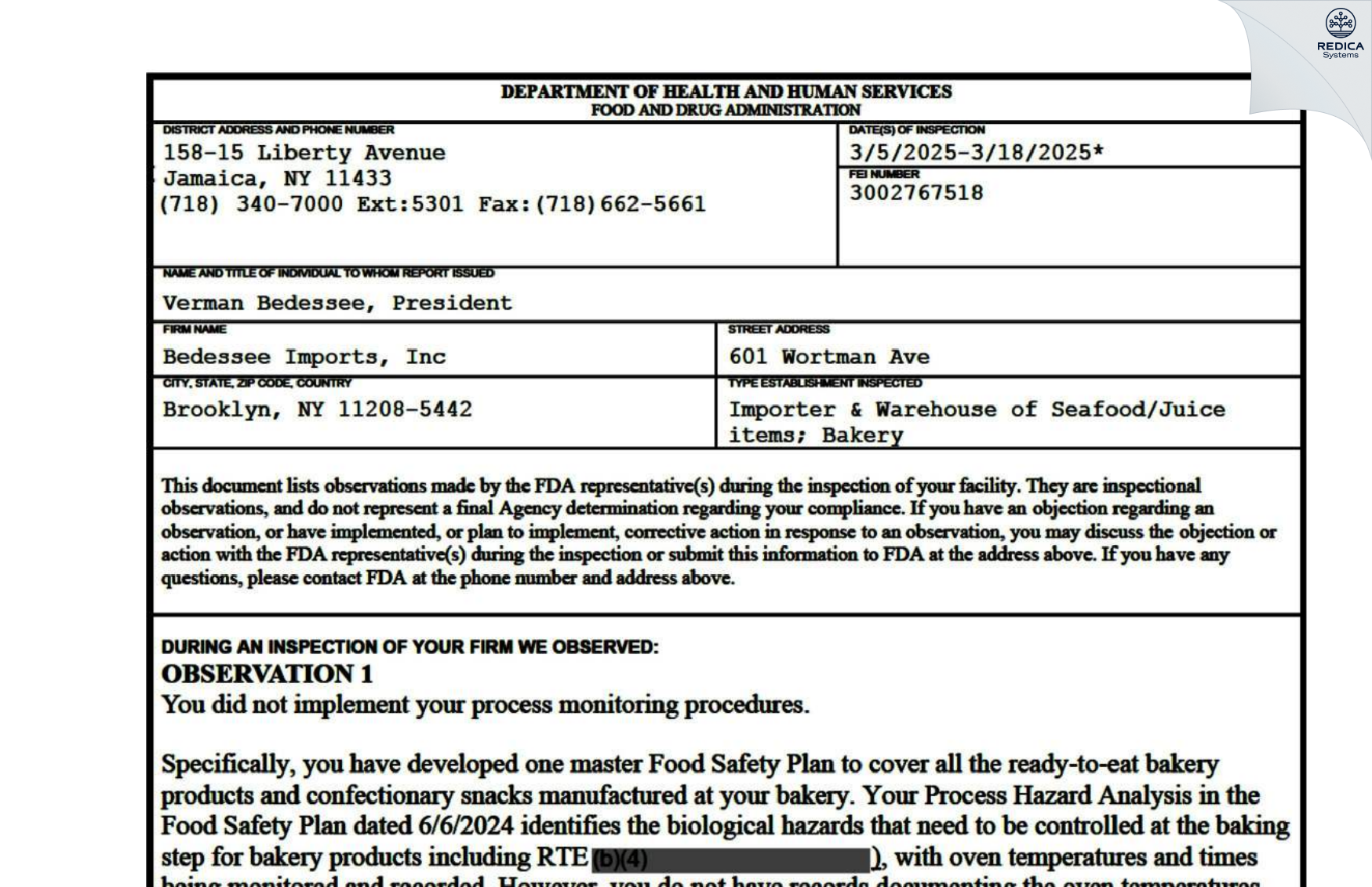 FDA 483 - Bedessee Imports, Inc [Brooklyn / United States of America] - Download PDF - Redica Systems
