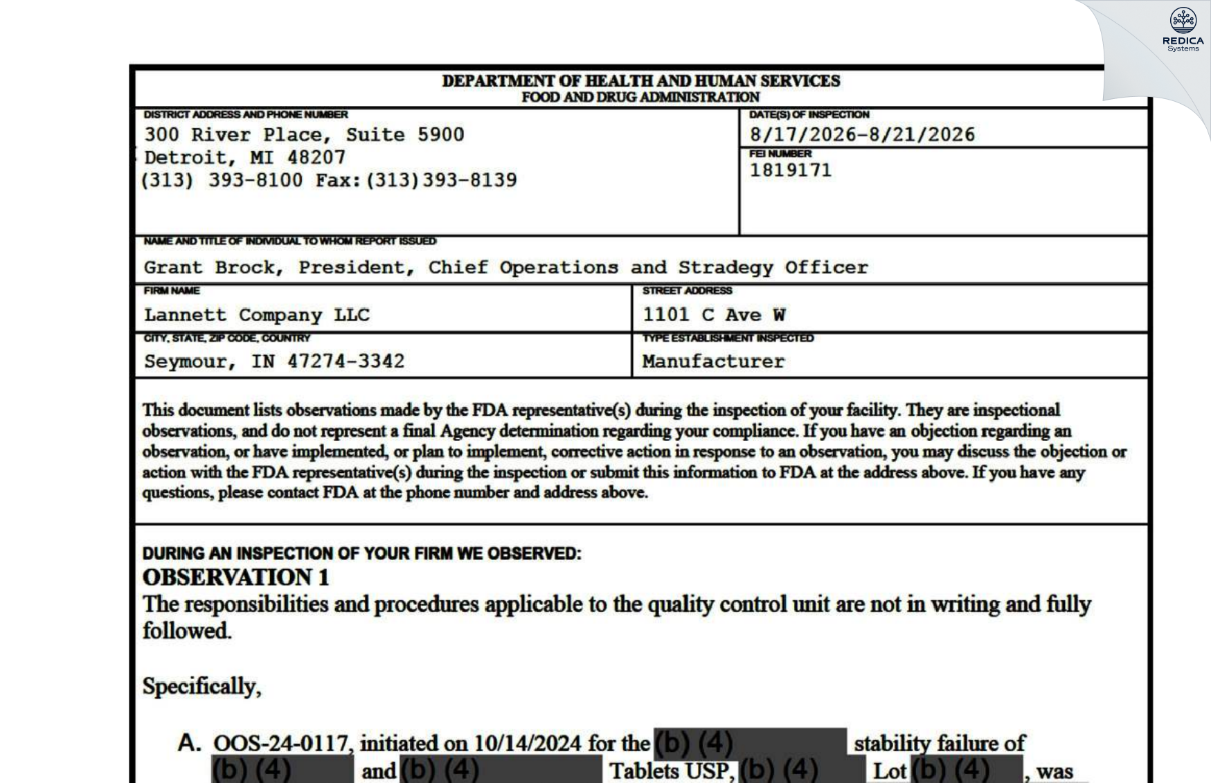FDA 483 - Lannett Company, Inc. [Seymour / United States of America] - Download PDF - Redica Systems