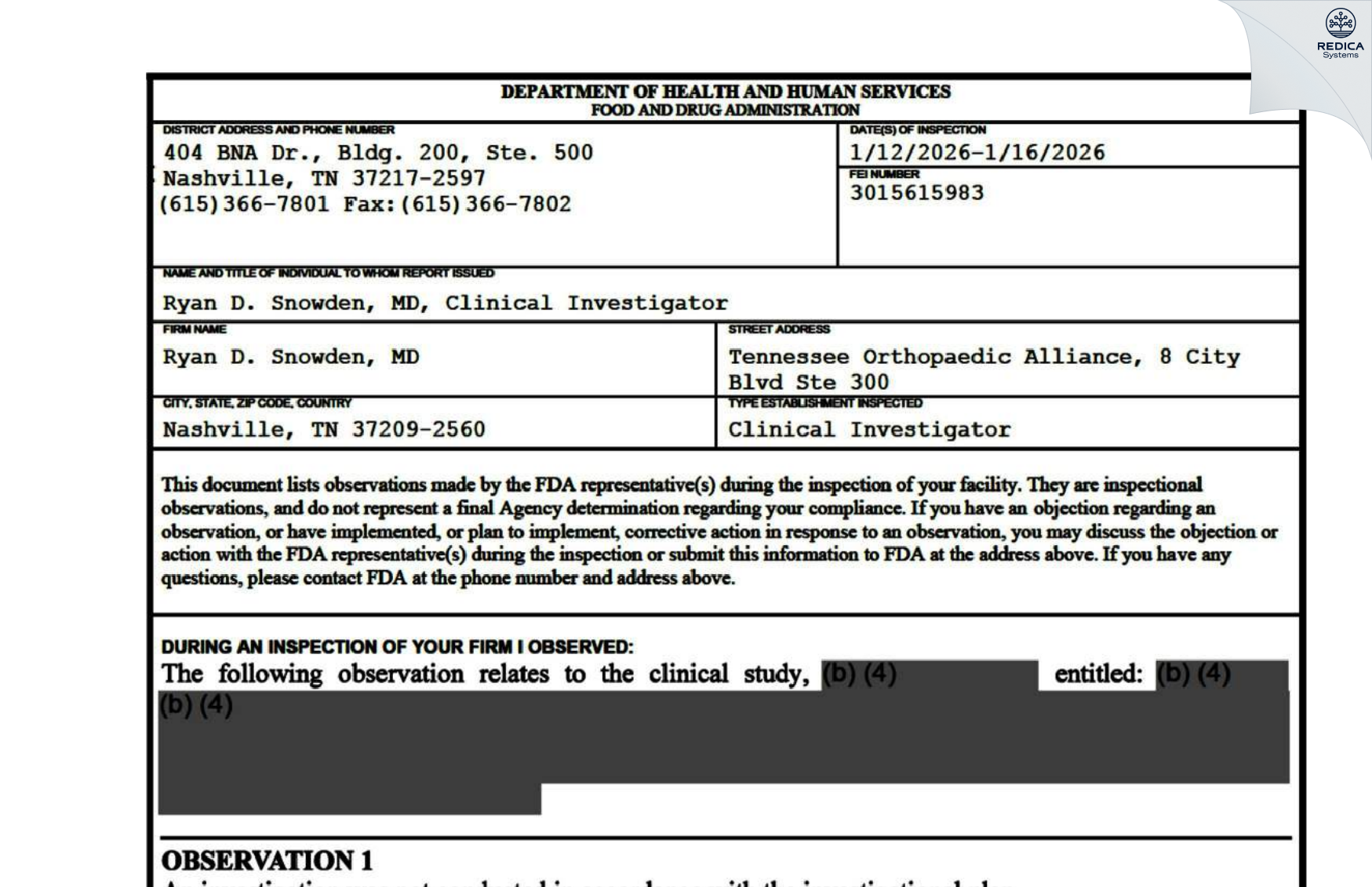 FDA 483 - Ryan D. Snowden, MD [Nashville / United States of America] - Download PDF - Redica Systems