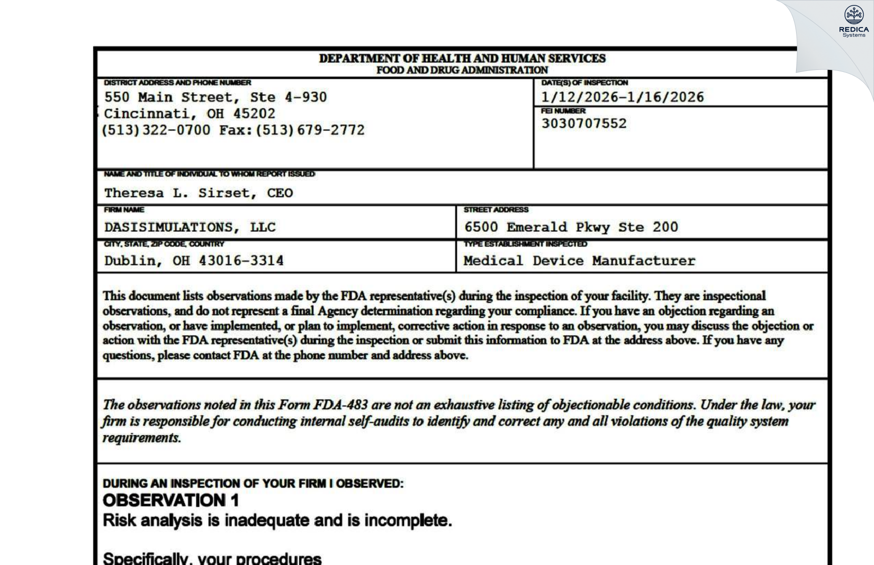FDA 483 - DASISIMULATIONS, LLC [Dublin / United States of America] - Download PDF - Redica Systems