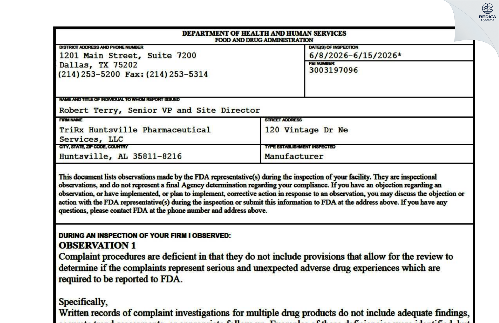 FDA 483 - TriRx Huntsville Pharmaceutical Services, LLC [Huntsville / United States of America] - Download PDF - Redica Systems
