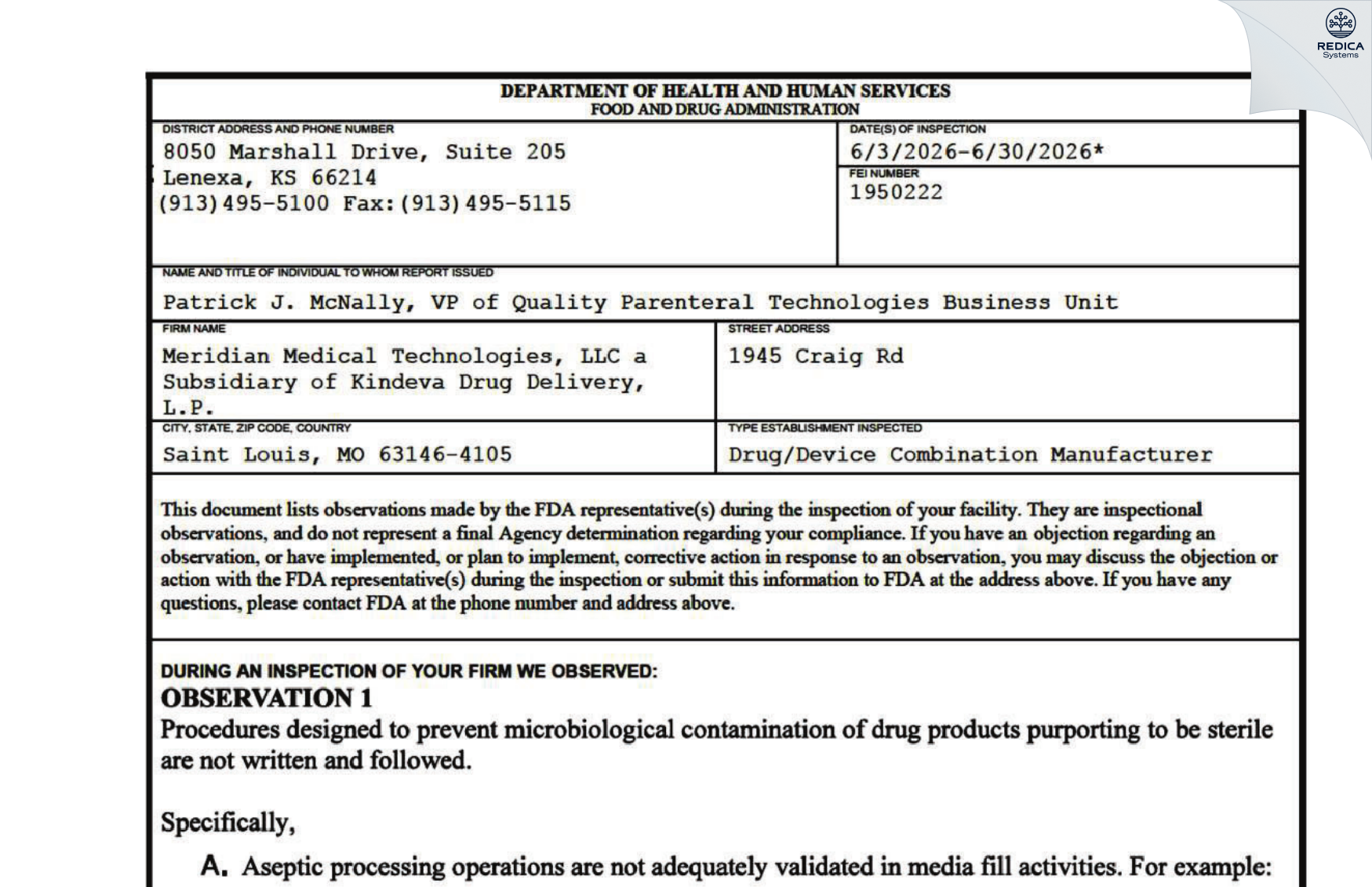 FDA 483 - Meridian Medical Technologies, LLC [Bridgeton / United States of America] - Download PDF - Redica Systems
