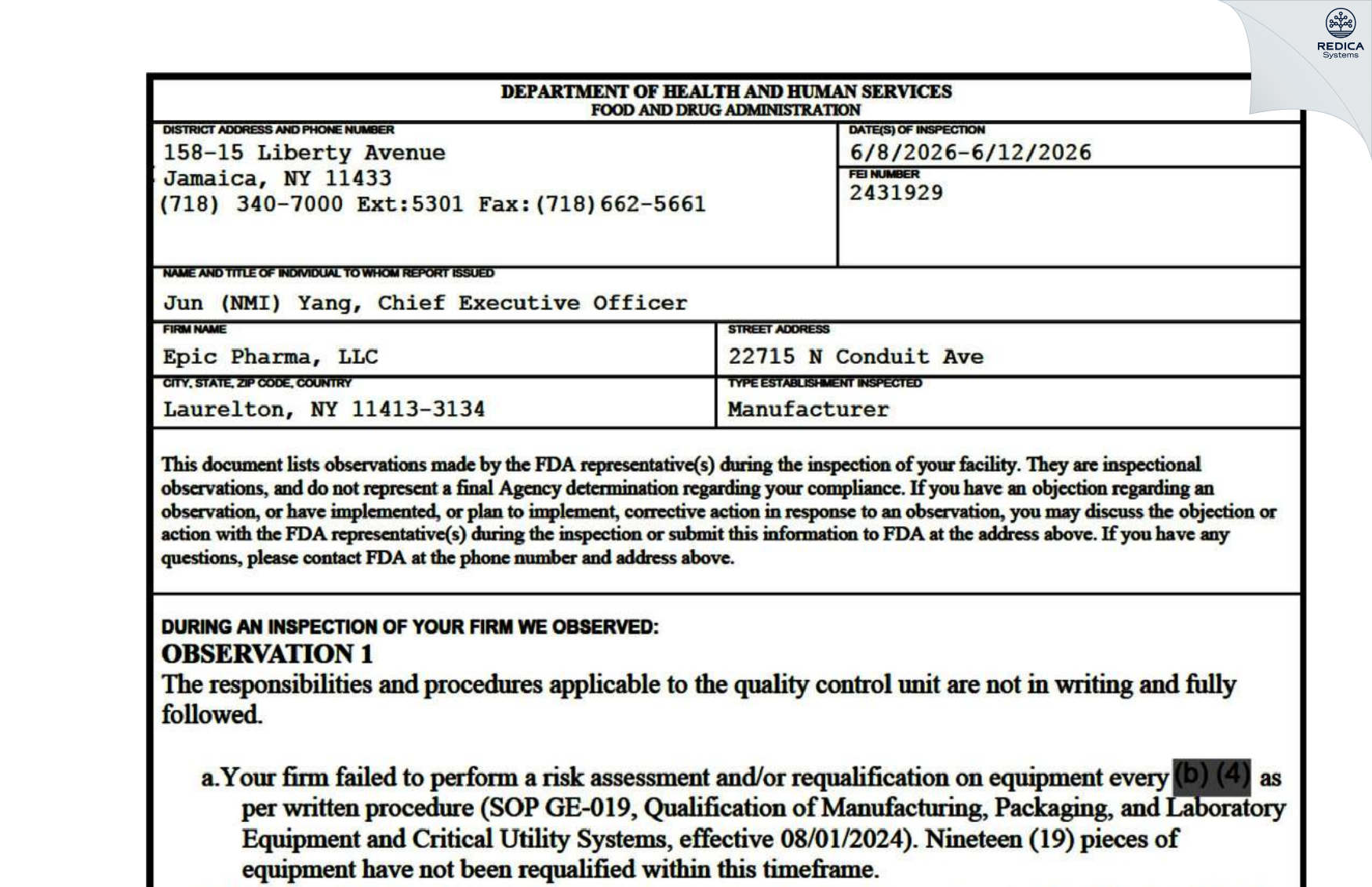 FDA 483 - Epic Pharma, LLC [Springfield Gardens / United States of America] - Download PDF - Redica Systems