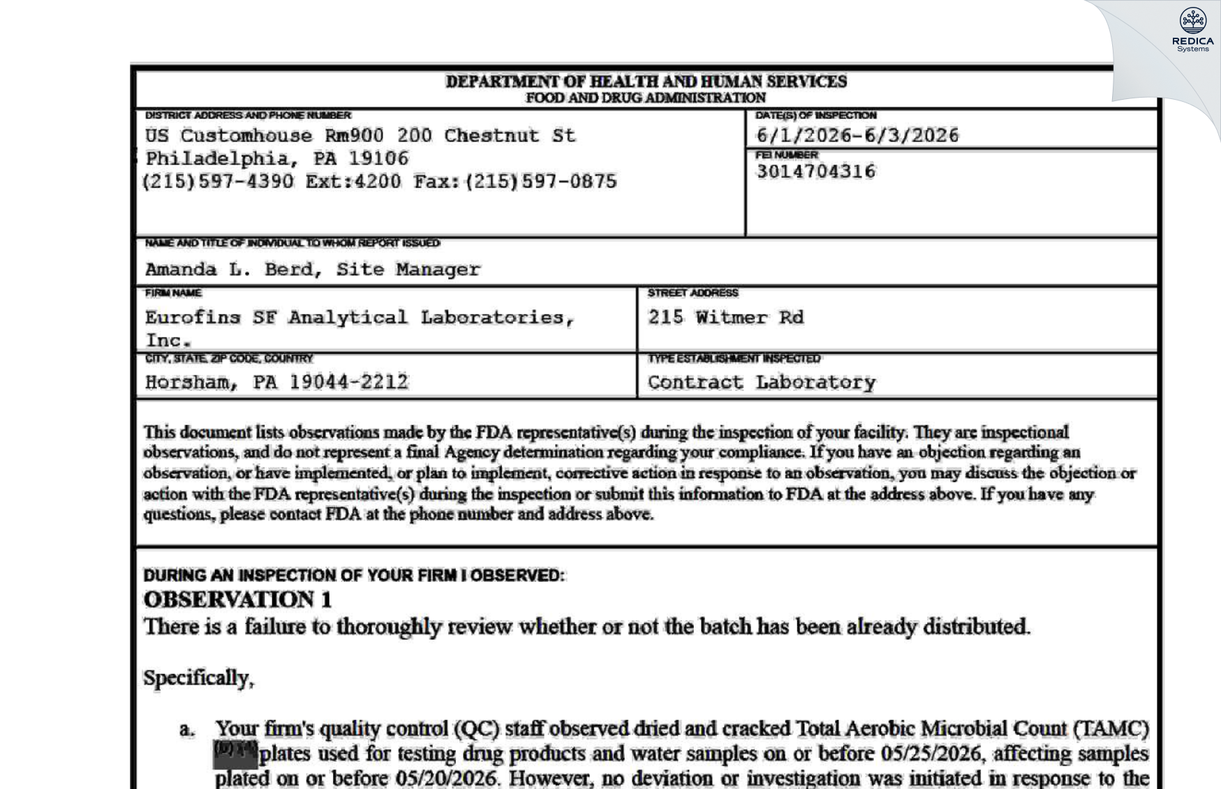 FDA 483 - Eurofins SF Analytical Laboratories, Inc [Horsham / United States of America] - Download PDF - Redica Systems