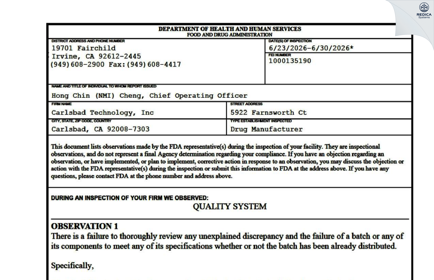 FDA 483 - Carlsbad Technology, Inc. [Carlsbad / United States of America] - Download PDF - Redica Systems