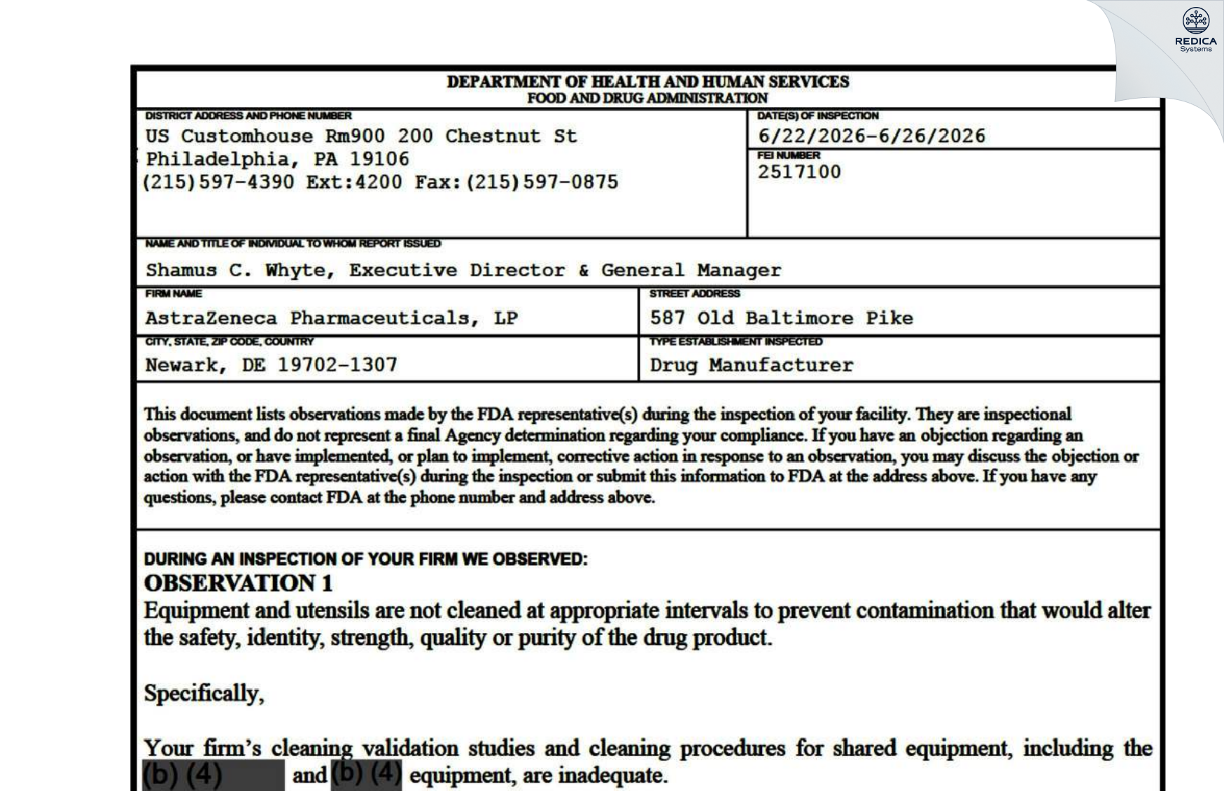 FDA 483 - AstraZeneca Pharmaceuticals LP [Newark / United States of America] - Download PDF - Redica Systems
