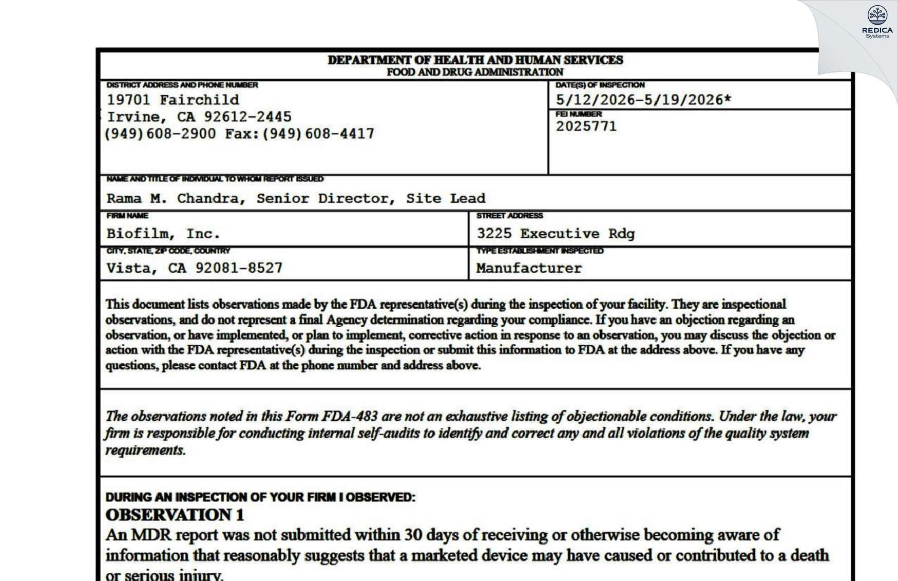 FDA 483 - Biofilm, Inc. [Vista / United States of America] - Download PDF - Redica Systems