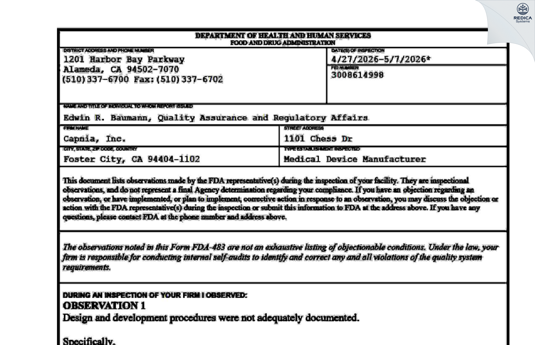 FDA 483 - Capnia Inc [Foster City / United States of America] - Download PDF - Redica Systems