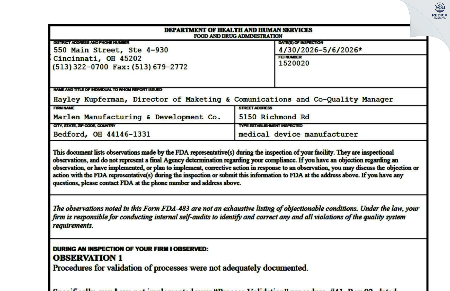 FDA 483 - Marlen Manufacturing & Development Co. [Bedford / United States of America] - Download PDF - Redica Systems