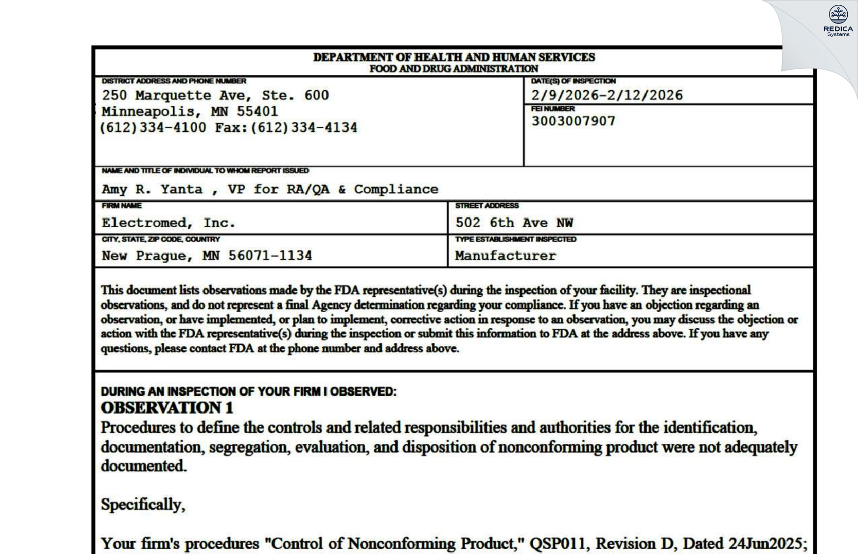 FDA 483 - Electromed, Inc. [New Prague / United States of America] - Download PDF - Redica Systems