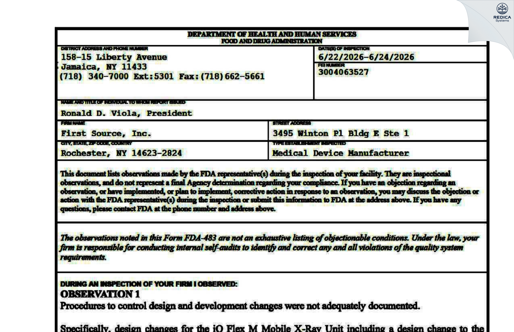 FDA 483 - First Source Inc [Rochester / United States of America] - Download PDF - Redica Systems