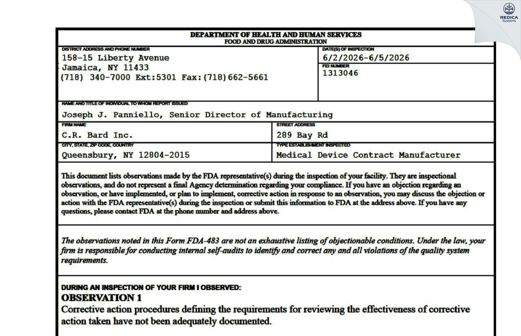 FDA 483 - C.R. Bard Inc. [Queensbury / United States of America] - Download PDF - Redica Systems
