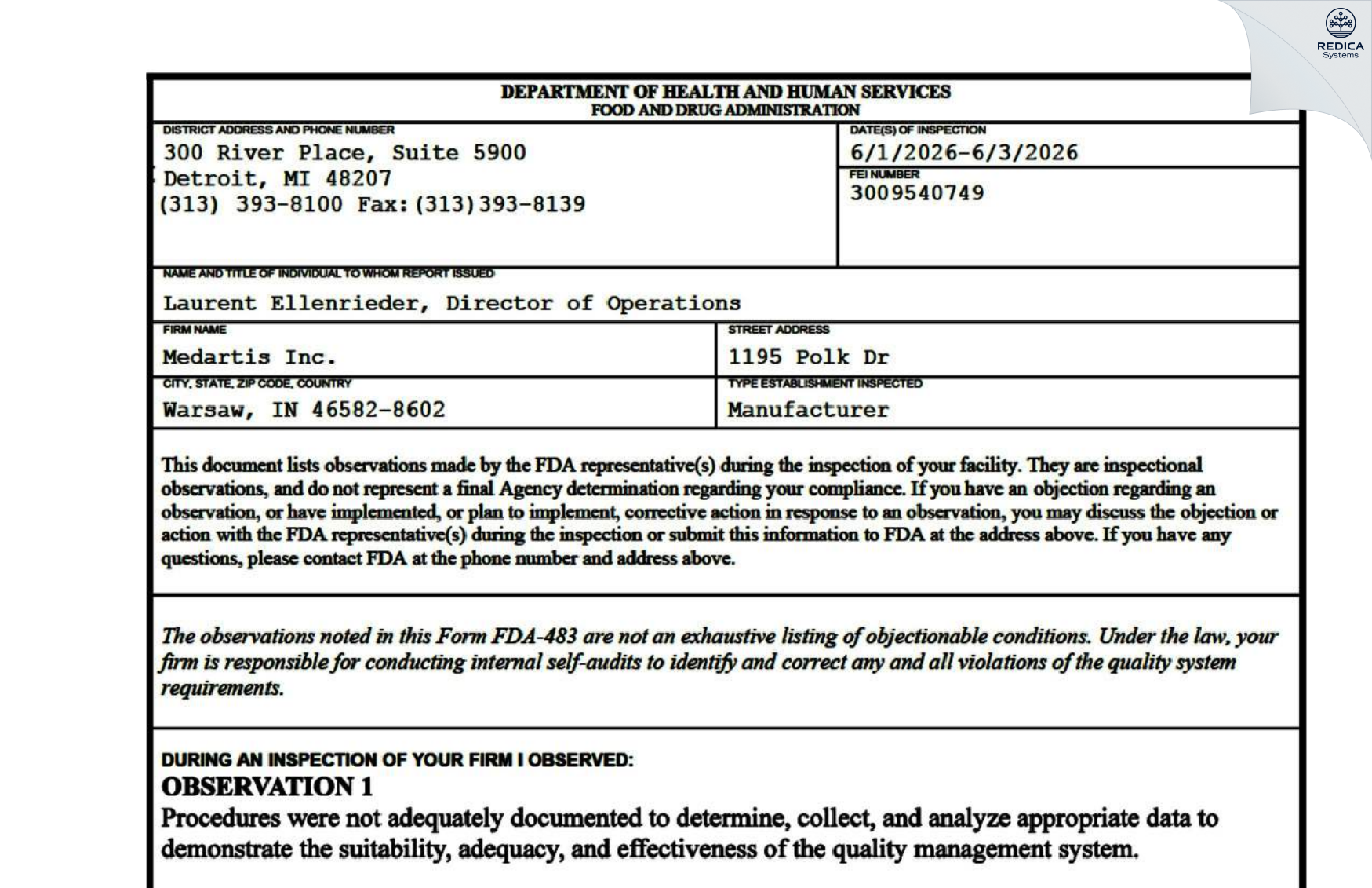 FDA 483 - Nextremity Solutions [Warsaw / United States of America] - Download PDF - Redica Systems